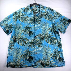 Caribbean Mens Blue Tropical Monstera Palm Leaf Modal Blend Button Up Shirt L